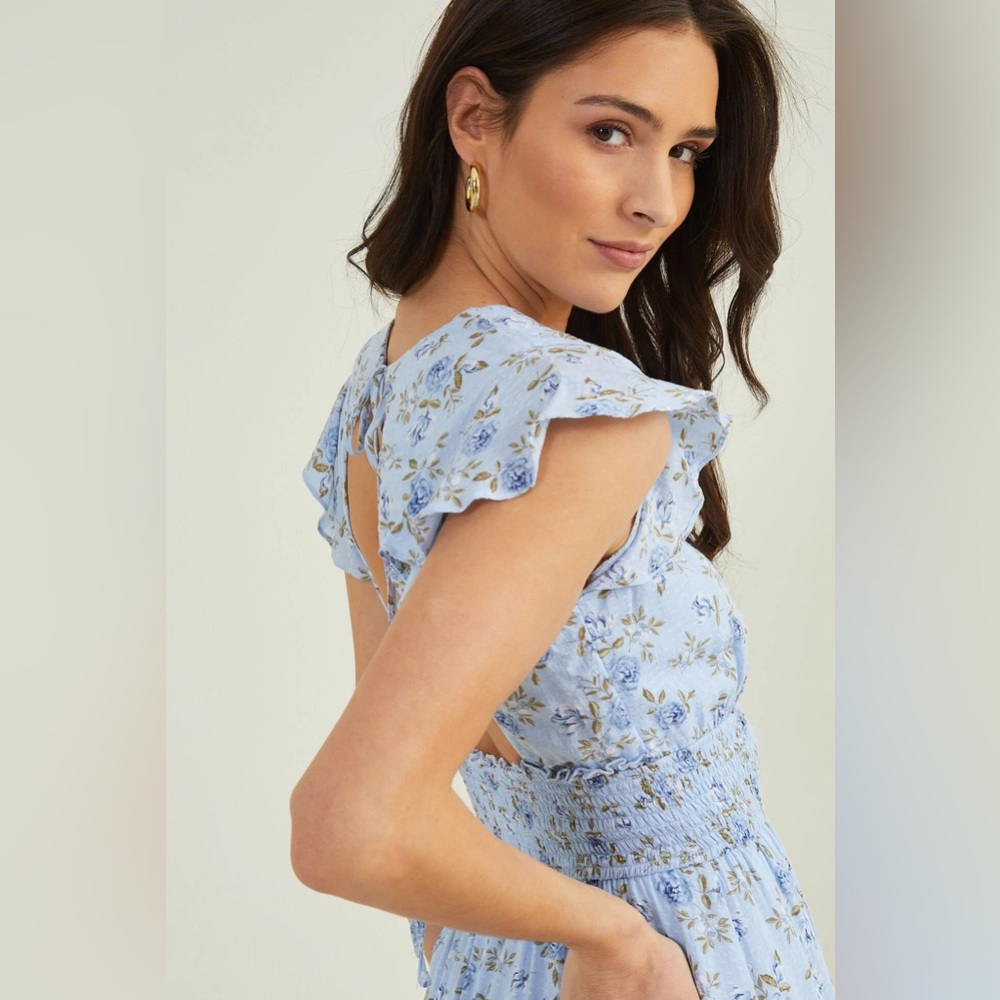 Altar’d State Powder Blue Floral Smocked Midi Dress - Picture 2 of 4